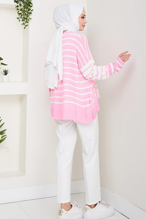 Kalp Aplikeli Çizgili Kazak Pembe HM2617 - 5