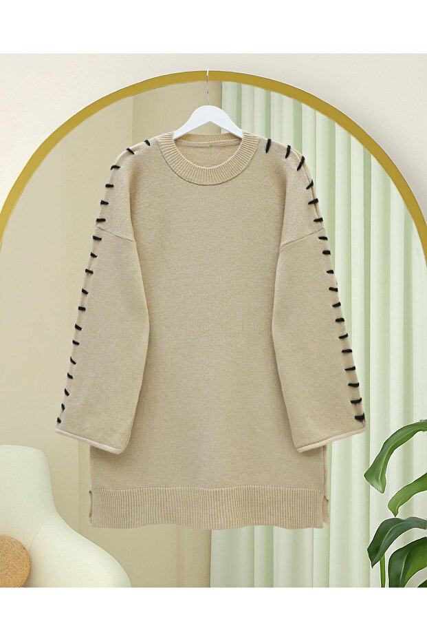 Striped Soft Knit Tunic with Drawstring Sleeves