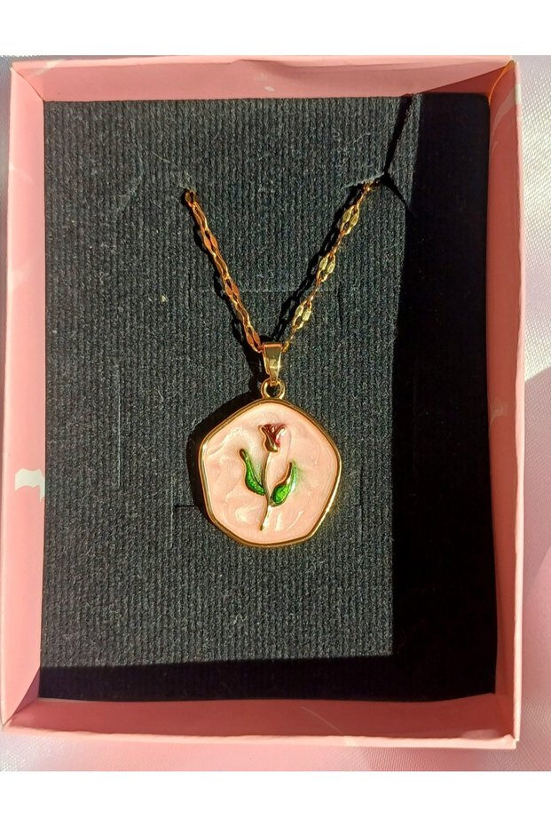 Pink Necklace with Steel Rose Detail