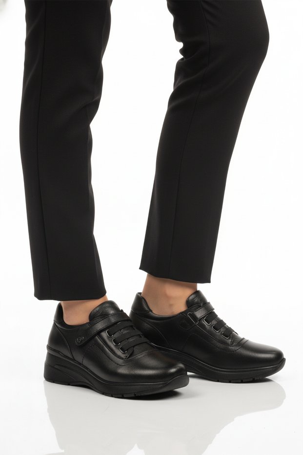 Black Genuine Leather Anatomical Women's Casual Shoes Plv144 Z