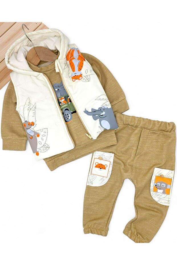 Baby Boy Transitional Animals Detailed Inflatable Vest Set 6-9-12-18 Months Old 3-Piece Baby Set