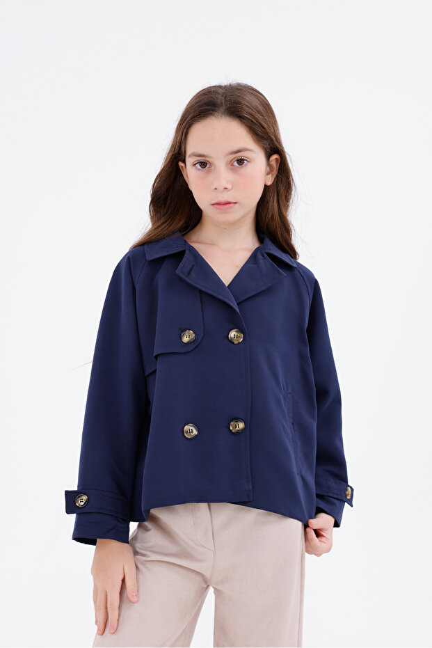 Girl's Short Trench Coat with Button and Back Design Detail