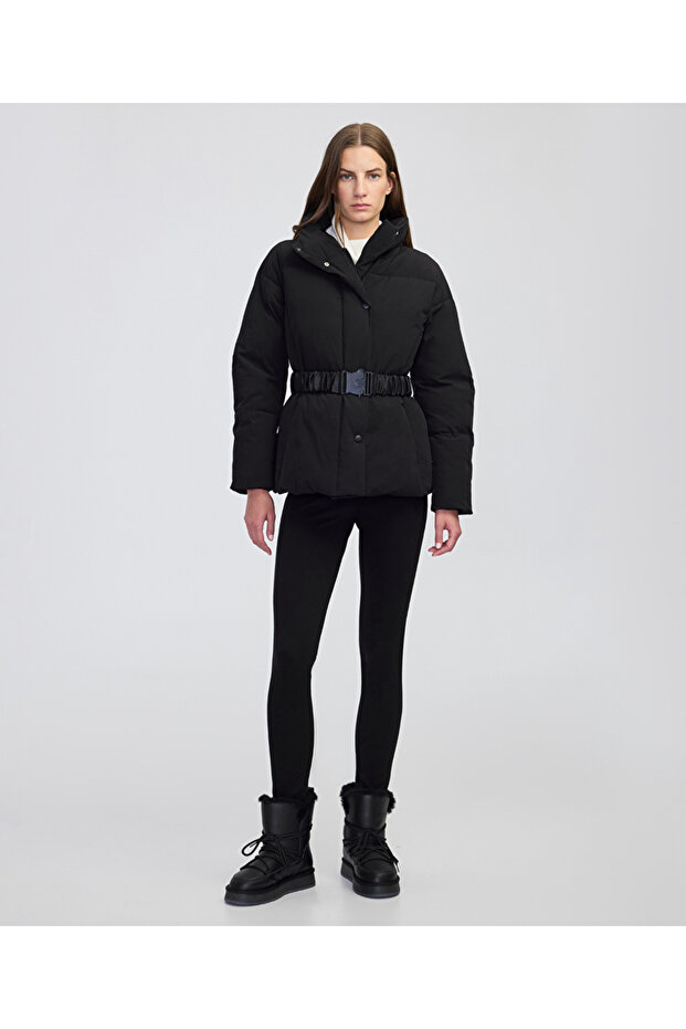 Deri görünümlü elastik kuşaklı mont - 5