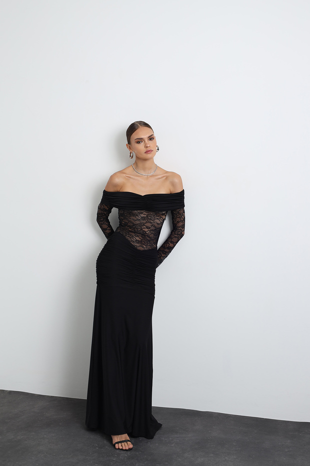 Marne Dantelli Maxi Siyah Elbise - 5