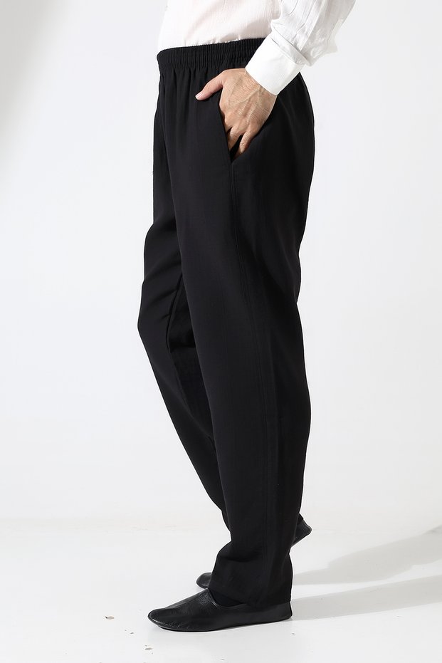 Men's Elastic Waist Pocket Hajj Umrah Muslin Pants - Black (Ans)