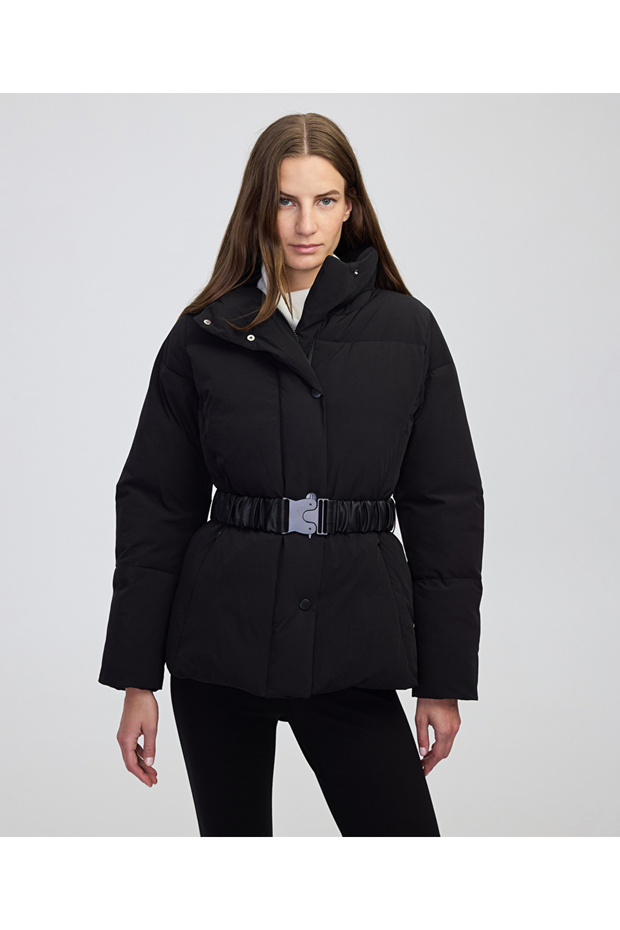 Deri görünümlü elastik kuşaklı mont - 1