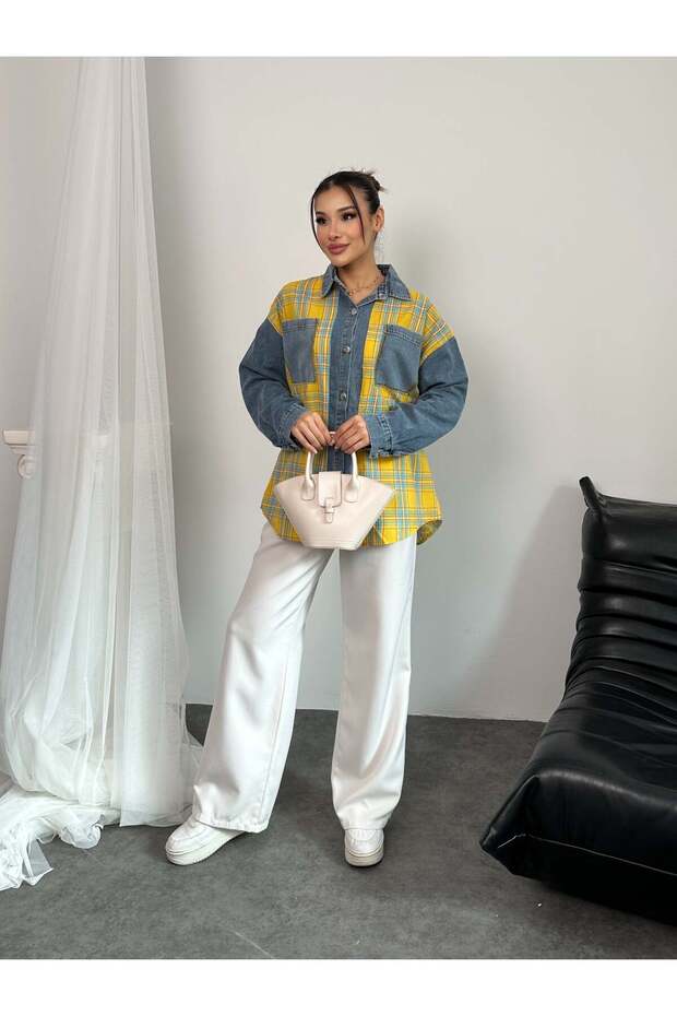 Denim Detailed Plaid Shirt 8619 - Yellow