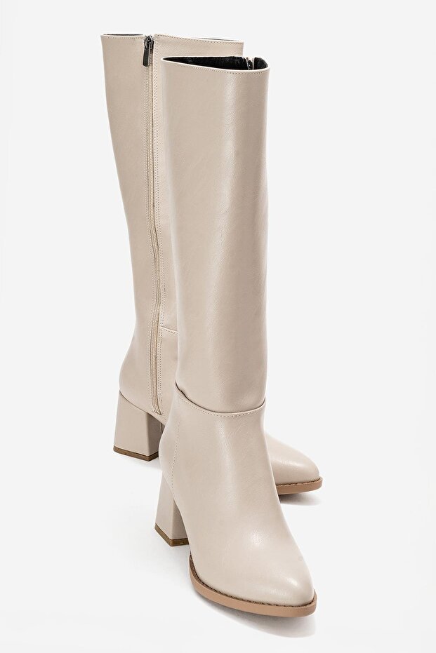 Simple Pointed Toe Heeled Women's Boots Beige Skin