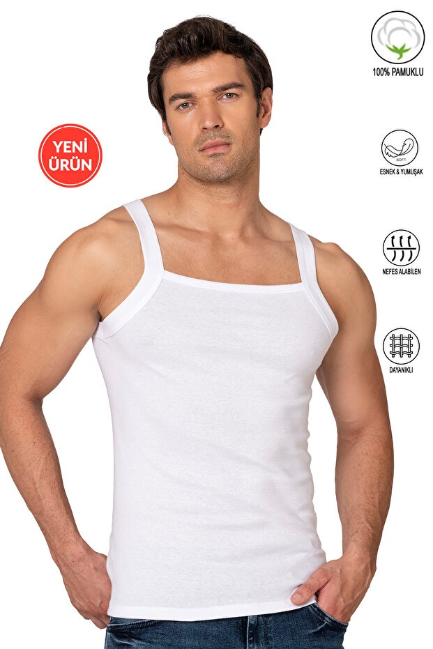 Özkan 11292 Men's 100% Cotton Ribbed Fabric Thin Straps Wide Neckline Undershirt Flexible Soft