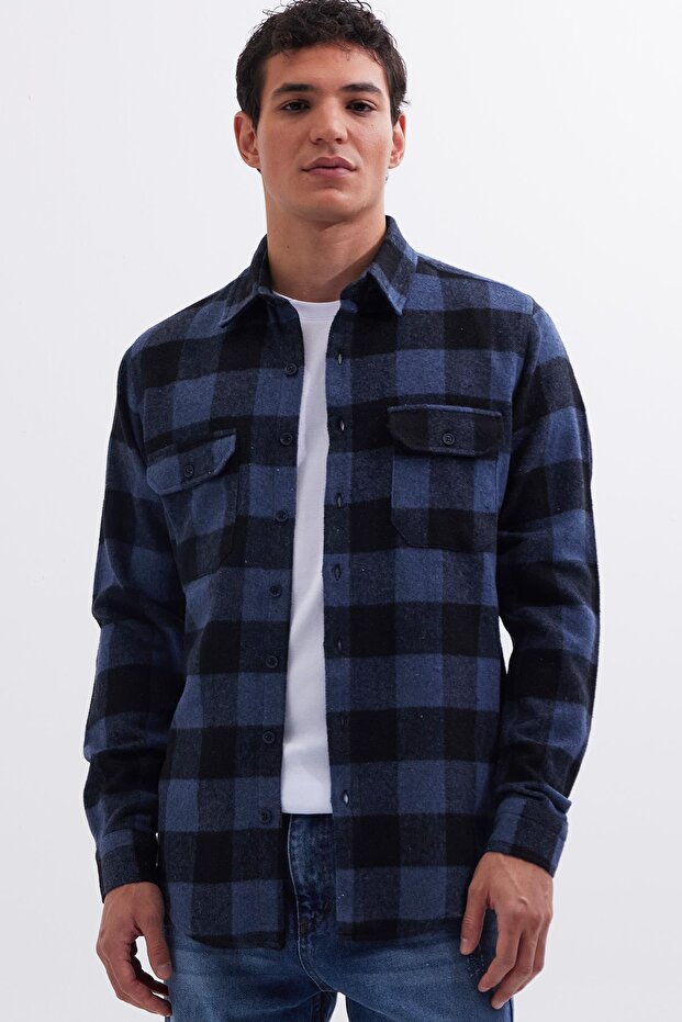 Men's slim fit long sleeve flap pocket plaid winter lumberjack shirt