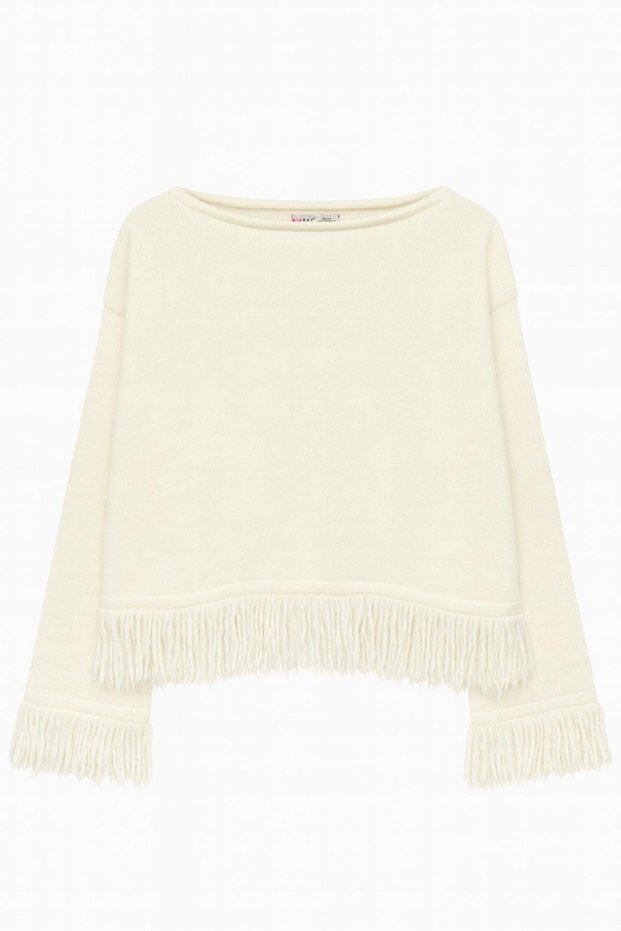 6981 Women's Tassel Detailed Boat Neck Knit Sweater Natural