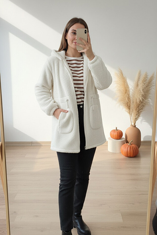 Kapşonlu Fermuarlı Basic Peluş - 1