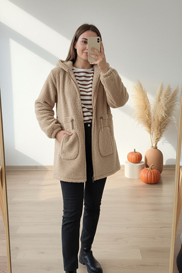 Kapşonlu Fermuarlı Basic Peluş - 2