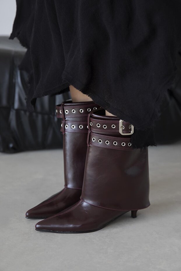 Katy Women's Accessory Detail Wrinkled Leather Boots Burgundy