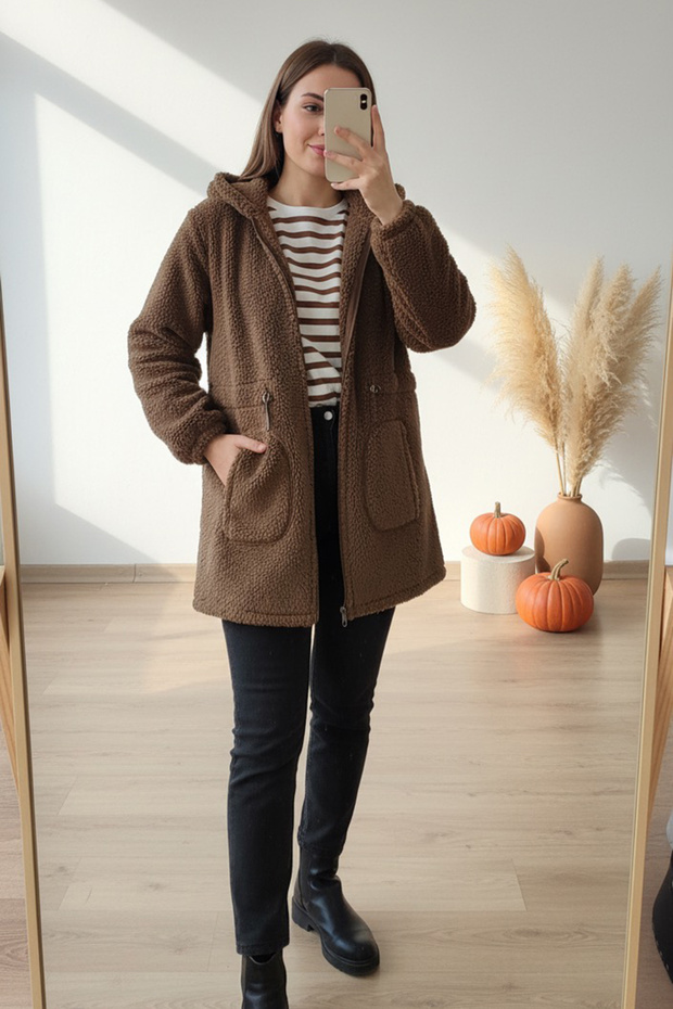 Kapşonlu Fermuarlı Basic Peluş - 2