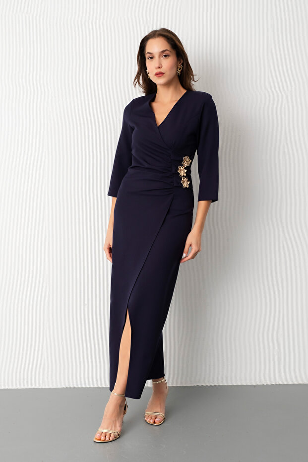 Women's Navy Blue Slim Fit Double-Breasted Collar Accessory Detail Midi Dress