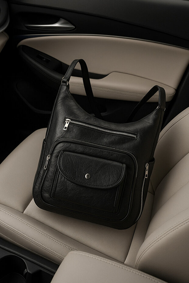 Soft Faux Leather Black Women's Bag Suitable for Hand Shoulder and Back Use