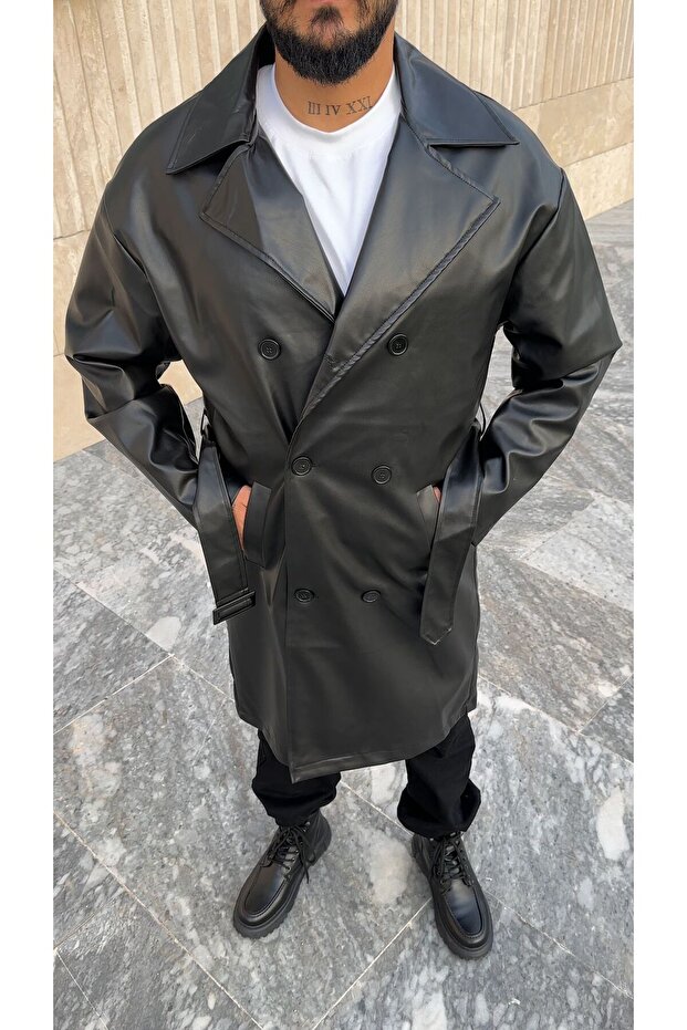Oversize Astarlı Deri Trençkot - 5