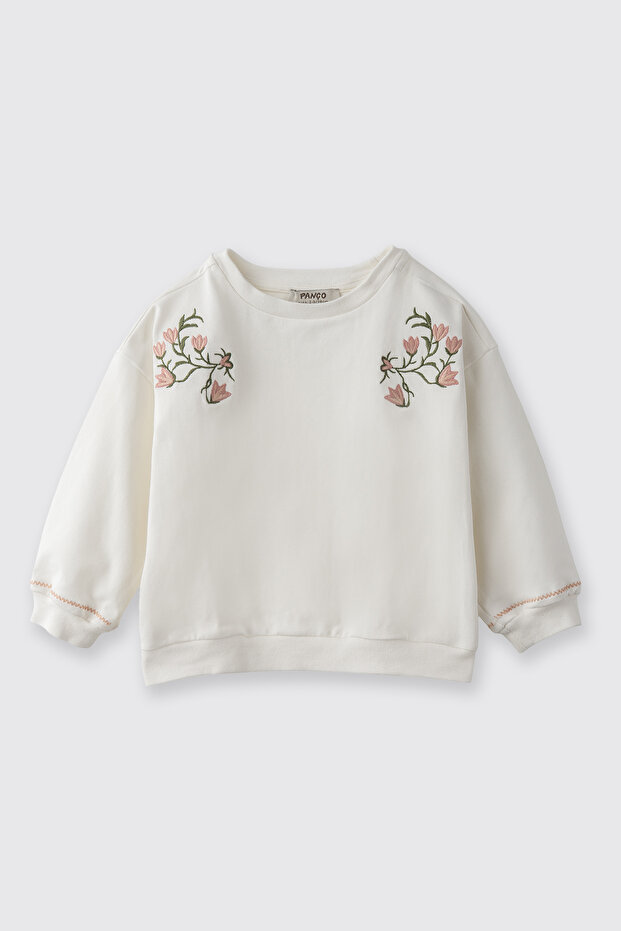 Baby Girl Embroidery Detailed Soft Textured Ecru Sweatshirt