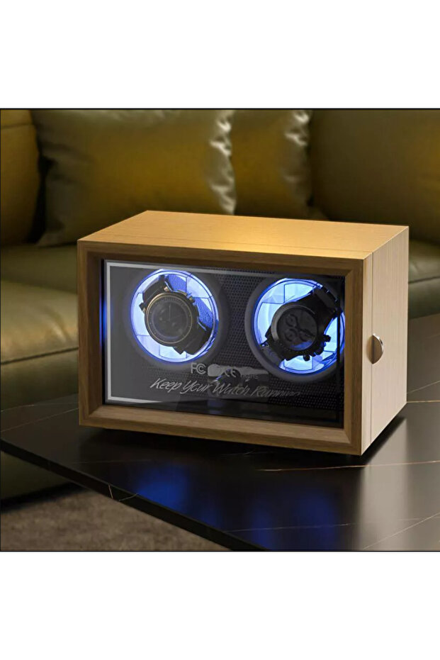 Automatic watch winder, 2 compartments, LED lights, 5 modes, 4 rotation programs, wood finish - 1