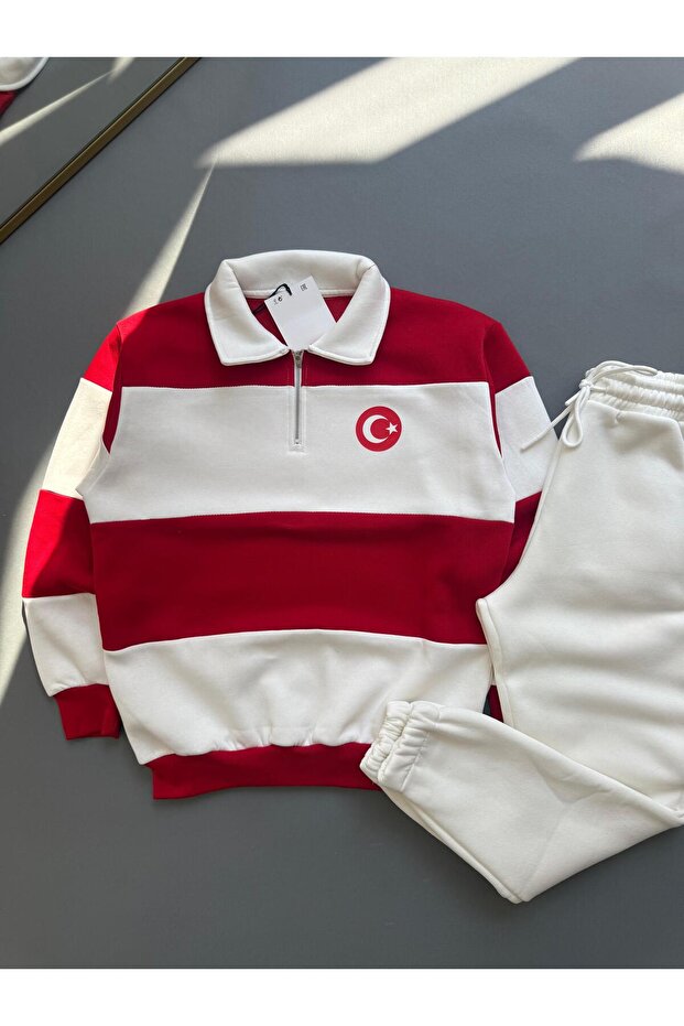 Unisex Zippered Polo Neck Flag Sweatshirt Set