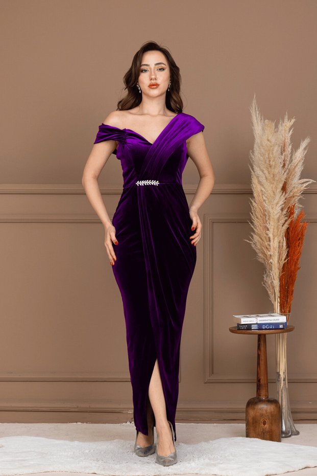 Velvet Stone Detailed Long Evening Dress - Patlican Purple