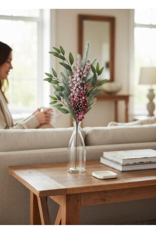 Yapay Çiçek Karlı Kokina ve Çam Dalı Uzun Dal 80cm Yılbaşı Çiçeği Red Berry - 5