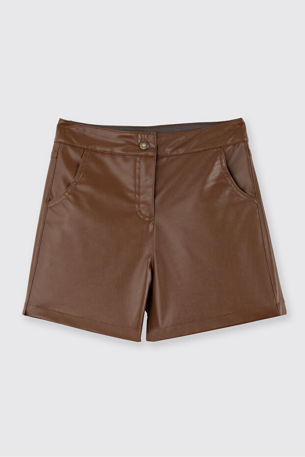 Kız Çocuk Deri Camel Şort - 1