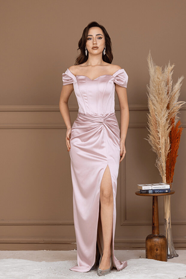 Satin Draped Off-Shoulder Long Evening Dress - Powder