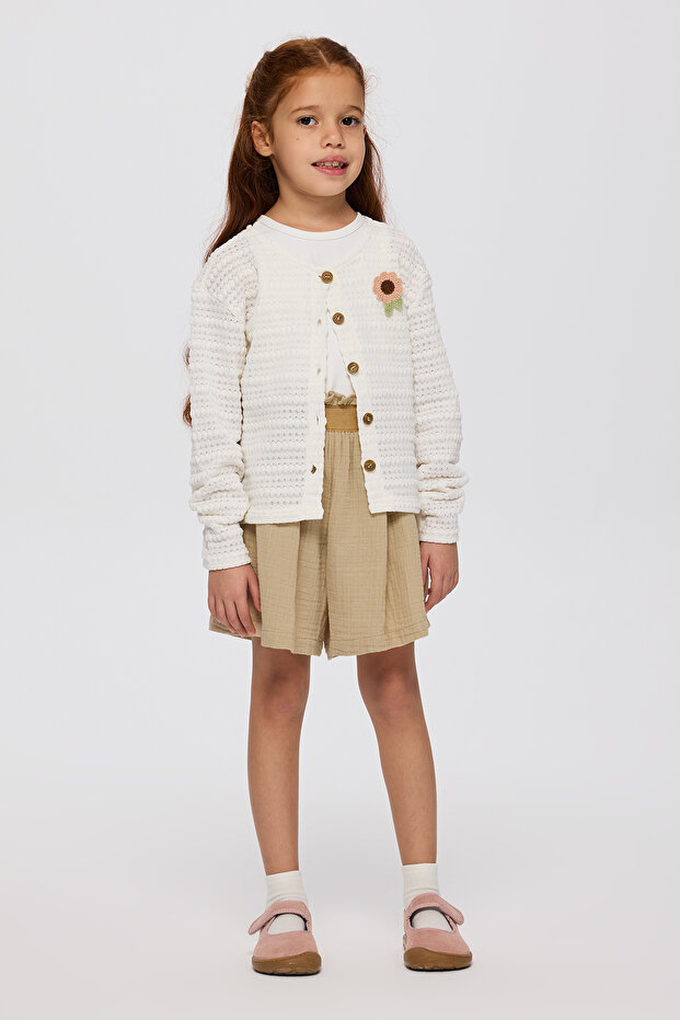 Girl's Applique Detailed Ecru Cardigan