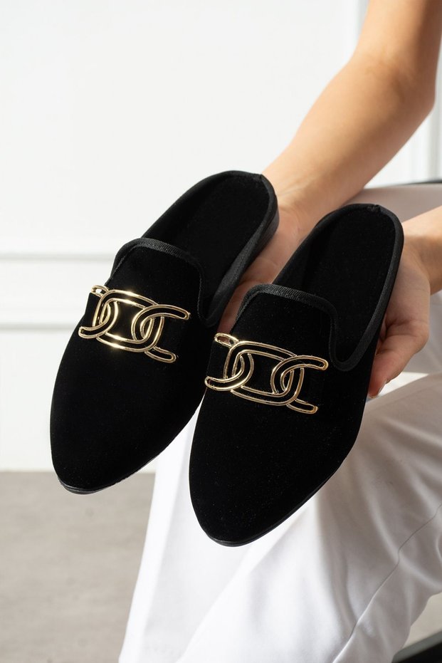 Alora Black Gold Buckle Velvet Textured Elegant Engagement Dowry Gift Set Guest House Slippers