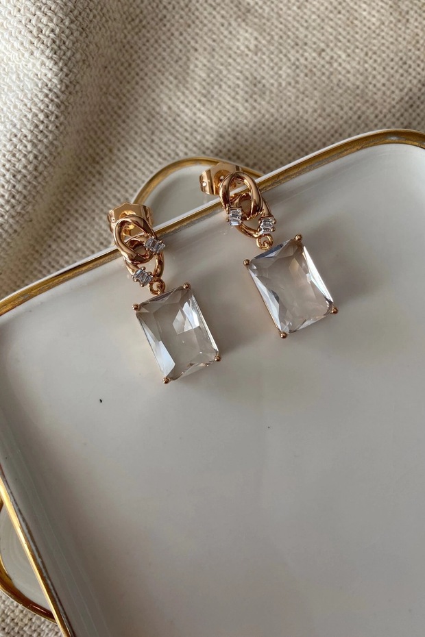 White Baguette Earrings Swinging on Steel Glam Chain