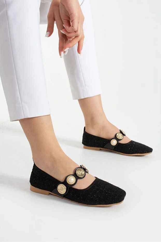Women's Tweed Pearl Detailed Closed Back Low Heel Mary Jane Casual Ballet Flats