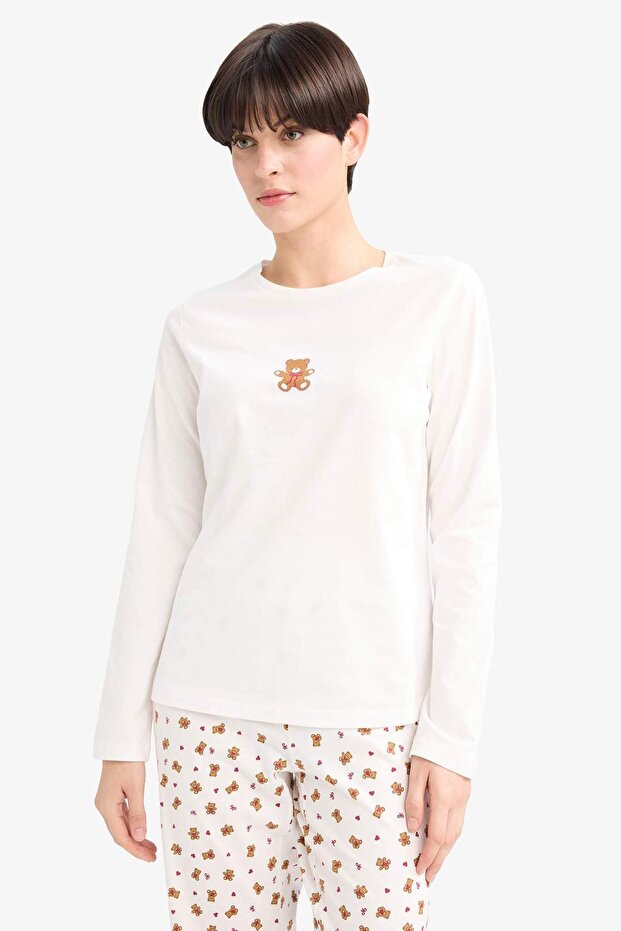 Pijama Takımı Regular Fit Baskılı Uzun Kollu Üst Desenli Uzun Alt-Fall in Love G3349AX25AU - 4