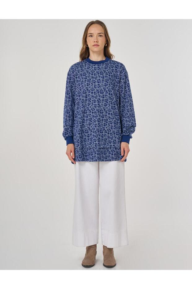 Patterned Viscose Sweatshirt Indigo - 3