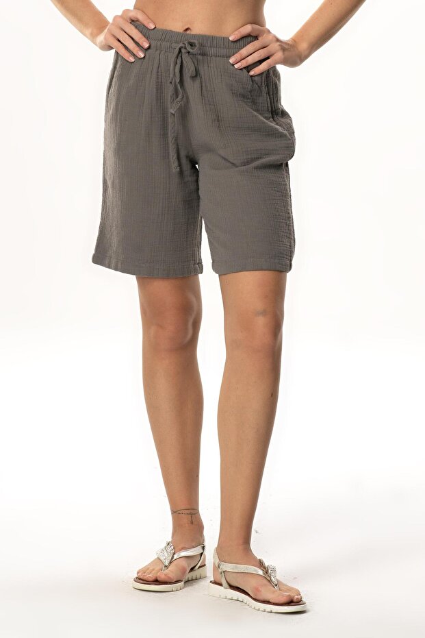 Pearl Tie-Up Long Summer Muslin Shorts Gray Gray