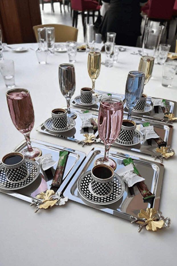 6-Piece Stainless Steel Presentation Tray with Butterfly Detail - Coffee Tray, Silver Serving Tray