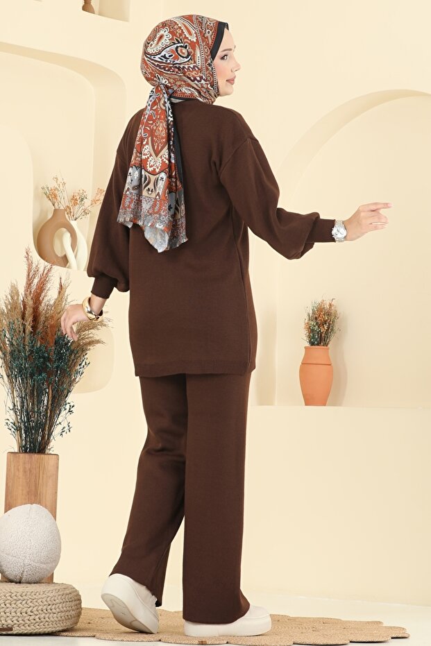 Çiçek Detaylı Triko Takım 2724AYD574-MS Kahve - 5