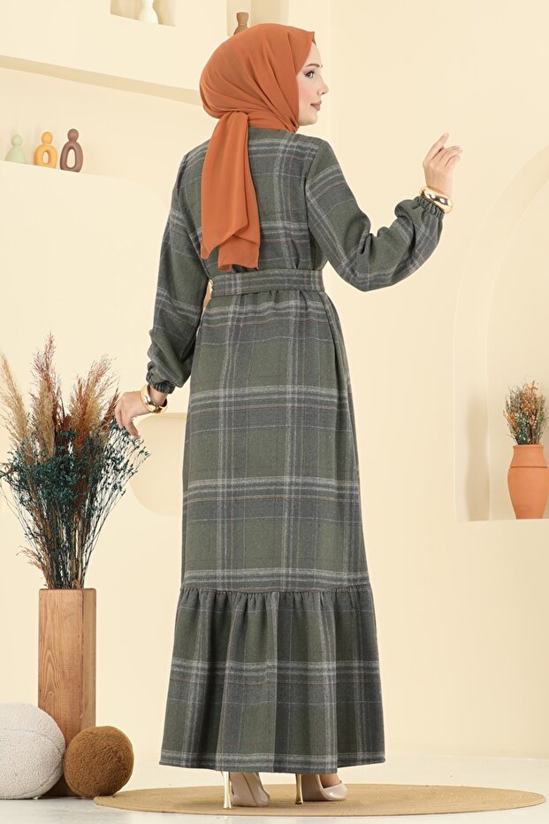 Manşeti Lastikli Ekose Elbise 9010S324-MS Haki - 5