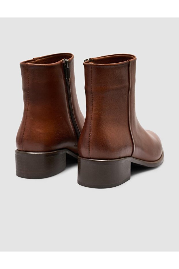 %100 Kadın Hakiki Deri Taba Sivri Burun Düz Bot - 3