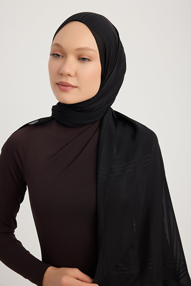 شال شيفون جاكار منقوش 70×180 سم - أسود