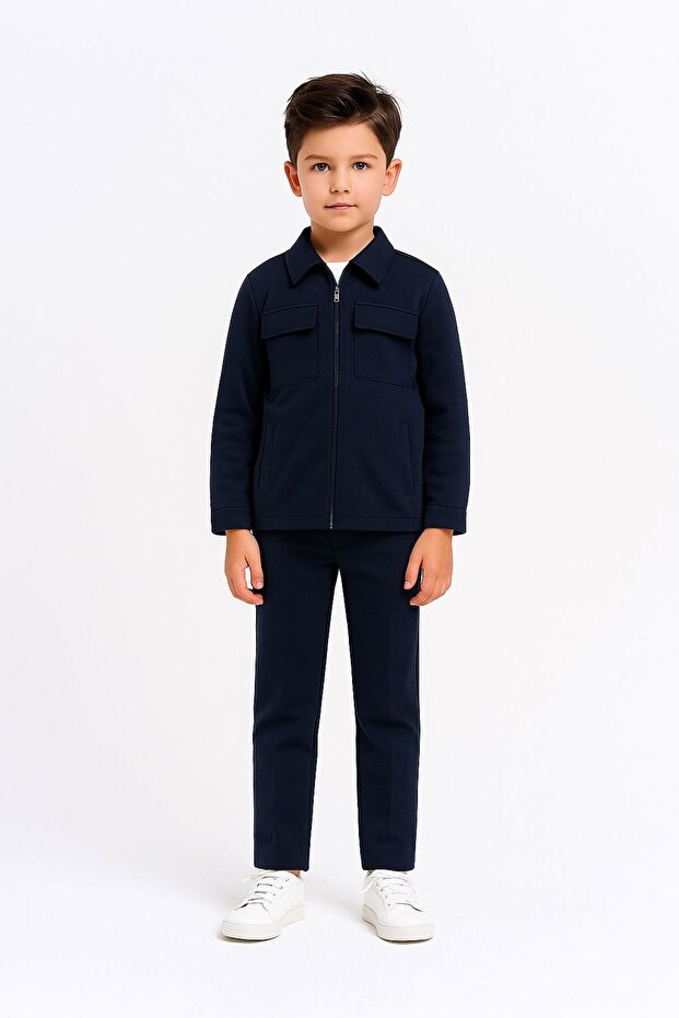 Boy's Navy Blue Double Suit – Shirt and Pants Set for Ages 4-10