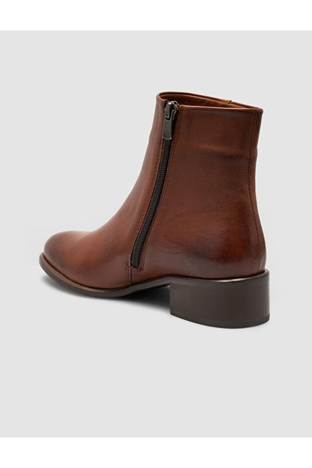 %100 Kadın Hakiki Deri Taba Sivri Burun Düz Bot - 5