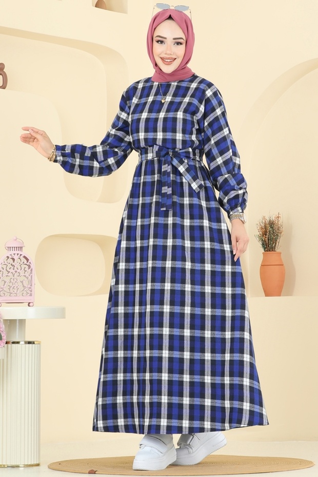Beli Bağcıklı Ekose Elbise 4124PM271-MS Saks - 3