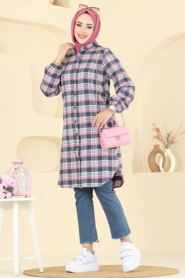 Manşeti Lastikli Ekose Tunik 4123PM271-MS Pembe - 2
