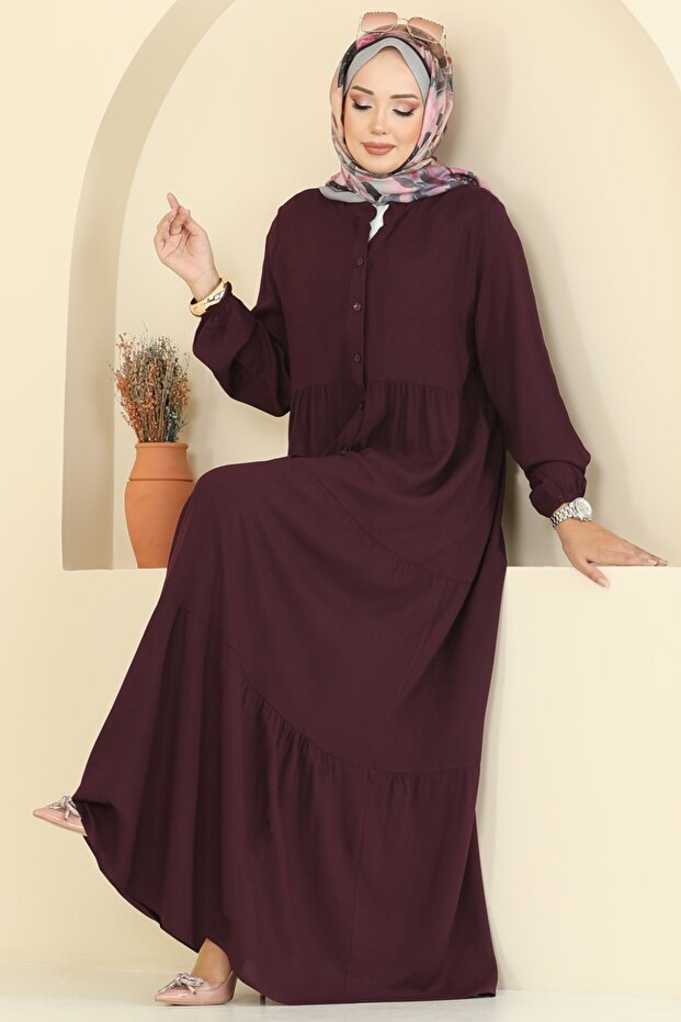 Önü Yarım Düğmeli Elbise 5010ERK1158-MS Mürdüm - 1