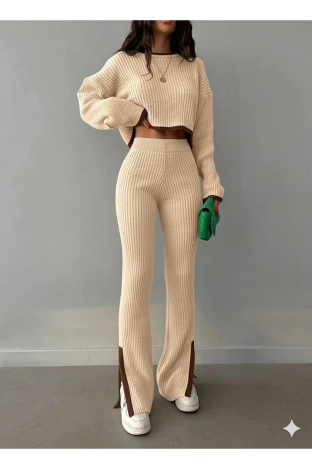 Cream Intersiye Striped Slit Knit Crop-Pants Women's Knitwear Bottom-Top Set