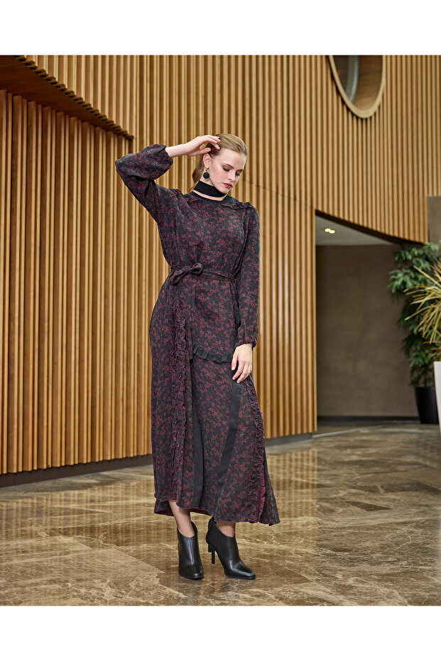Desenli Cupro Elbise 38829 bordo - 4