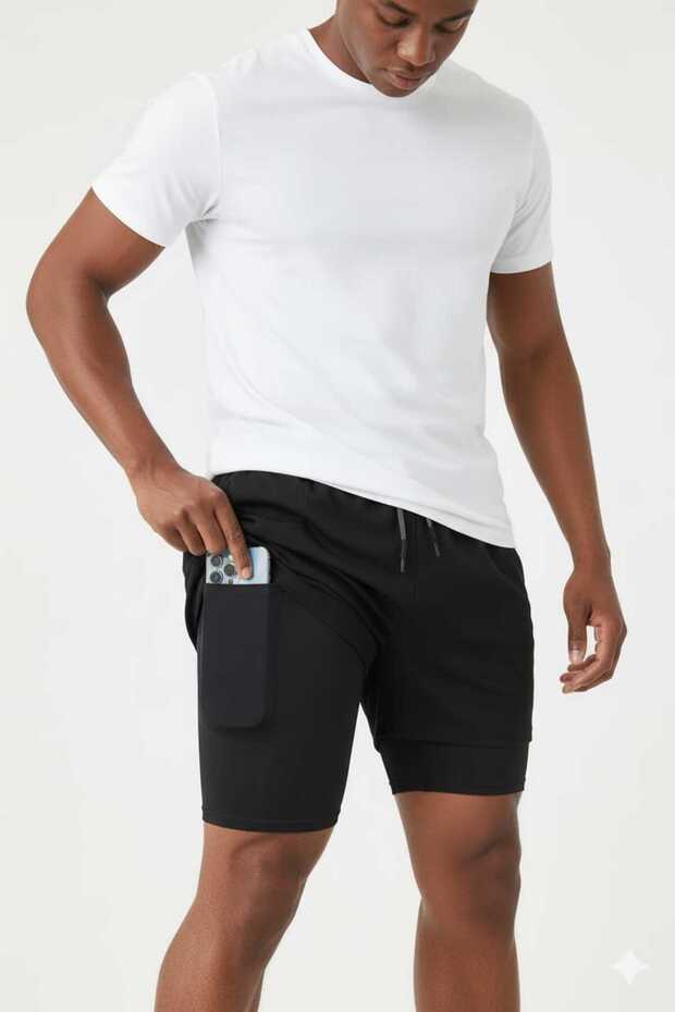Sporcu Şortu, Alt Siyah Tayt Görünümlü Çok Cepli Taytlı Spor Şortu - 4