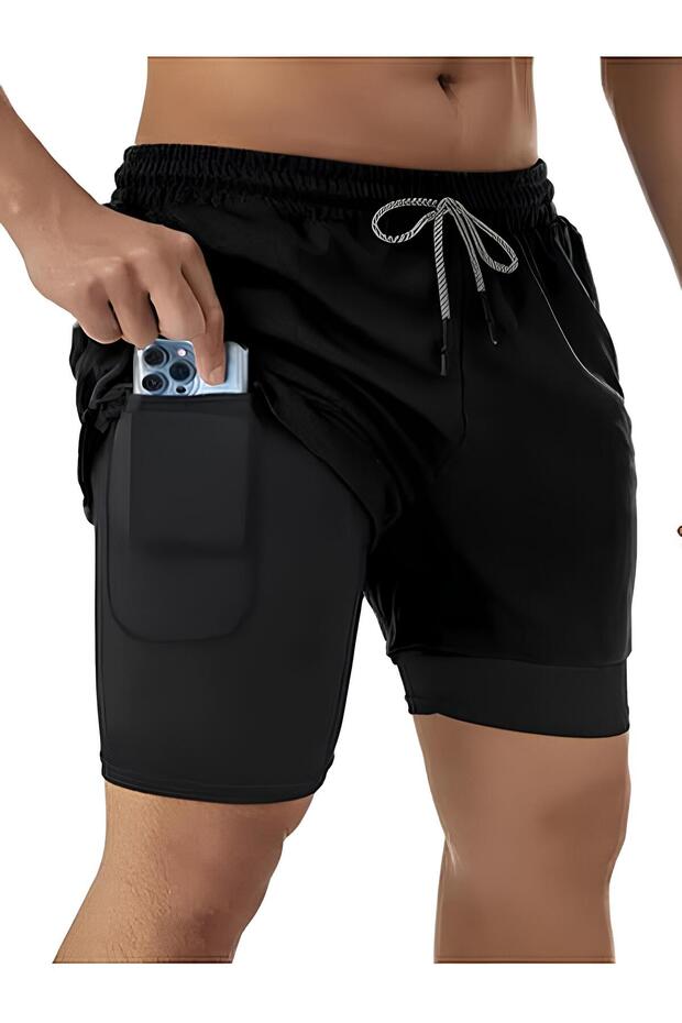 Sporcu Şortu, Alt Siyah Tayt Görünümlü Çok Cepli Taytlı Spor Şortu - 1